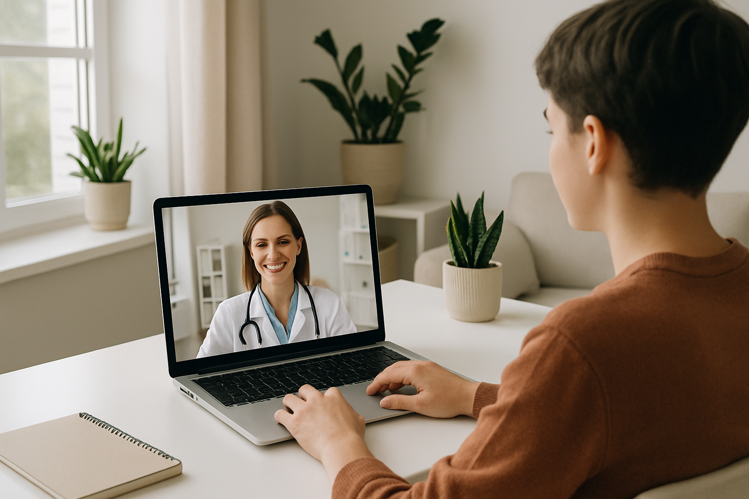 A modern and bright scene of a person using a laptop or tablet at home, talking to a friendly doctor or health professional via video call. The setting is cozy and minimalistic, natural daylight, professional but approachable atmosphere, focus on digital healthcare and trust.