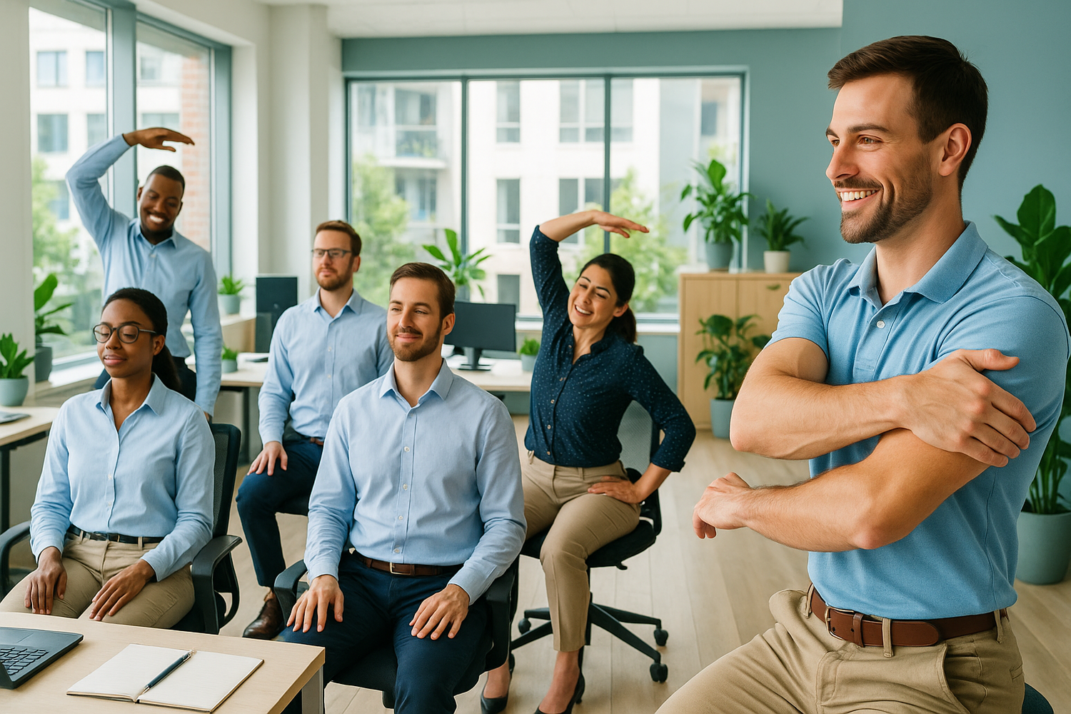 A modern office environment where employees are participating in a workplace health session. A coach or physiotherapist guides simple exercises or ergonomic training. Bright, professional setting with a sense of motivation, wellbeing, and teamwork.