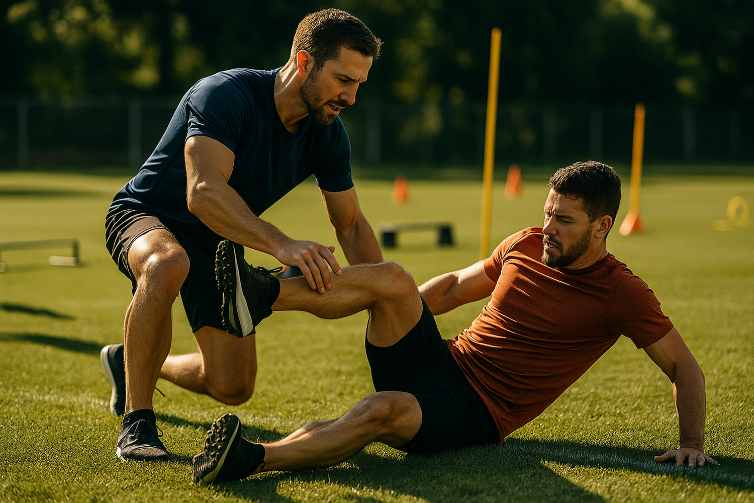 Dynamic photo of a physiotherapist helping an athlete stretch or recover on a training field. Sporty atmosphere, teamwork, active lifestyle, natural daylight. Focus on movement, health, regeneration, and professional care in sports.
